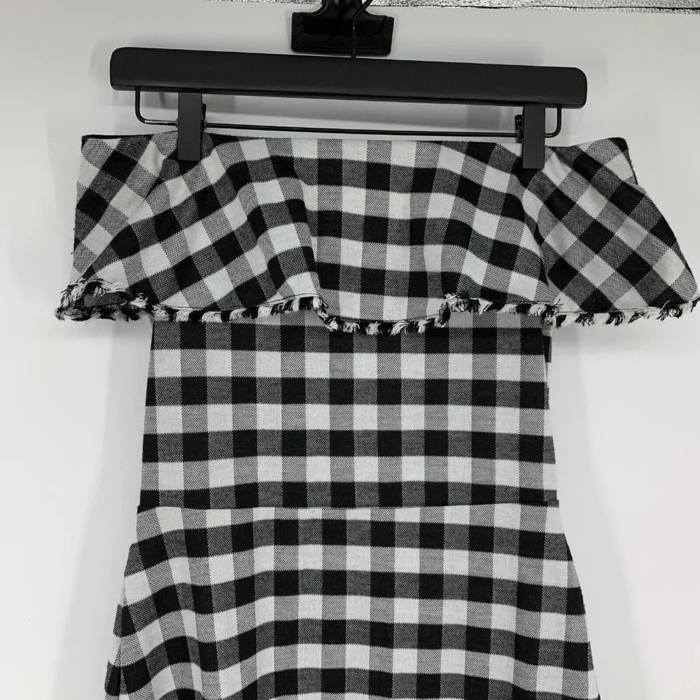 Ann Taylor Dress Gingham Print Off Shoulder Ruffle Black White - Picture 5 of 12